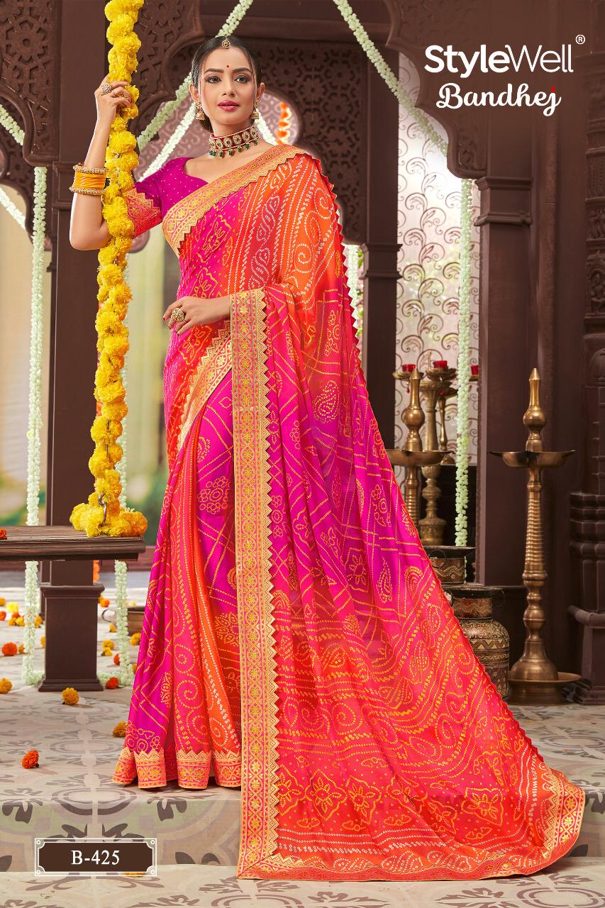 Banarasi Georgette Rai Bandhej Saree Pink-Orange – Neha Singh Label
