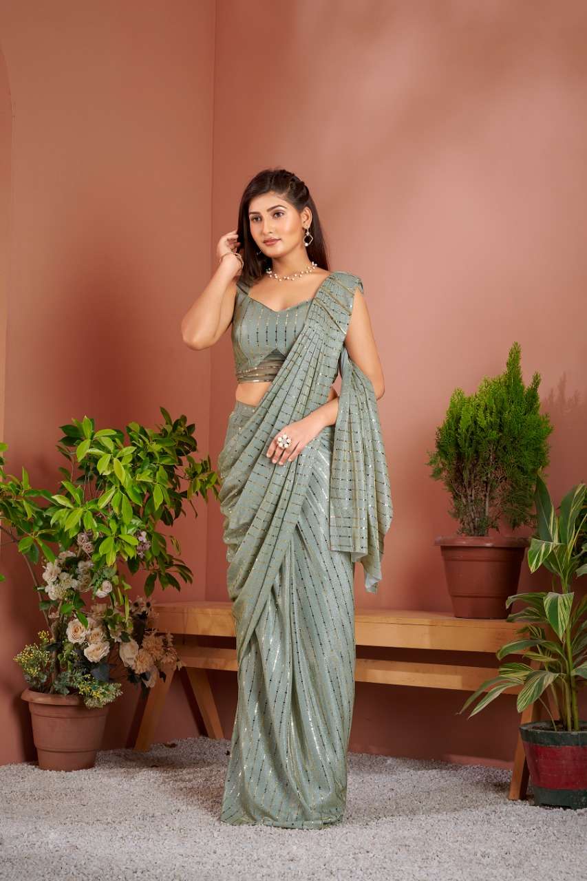 Sage Green Pre-Stitched Saree With Smocked Crop-Top