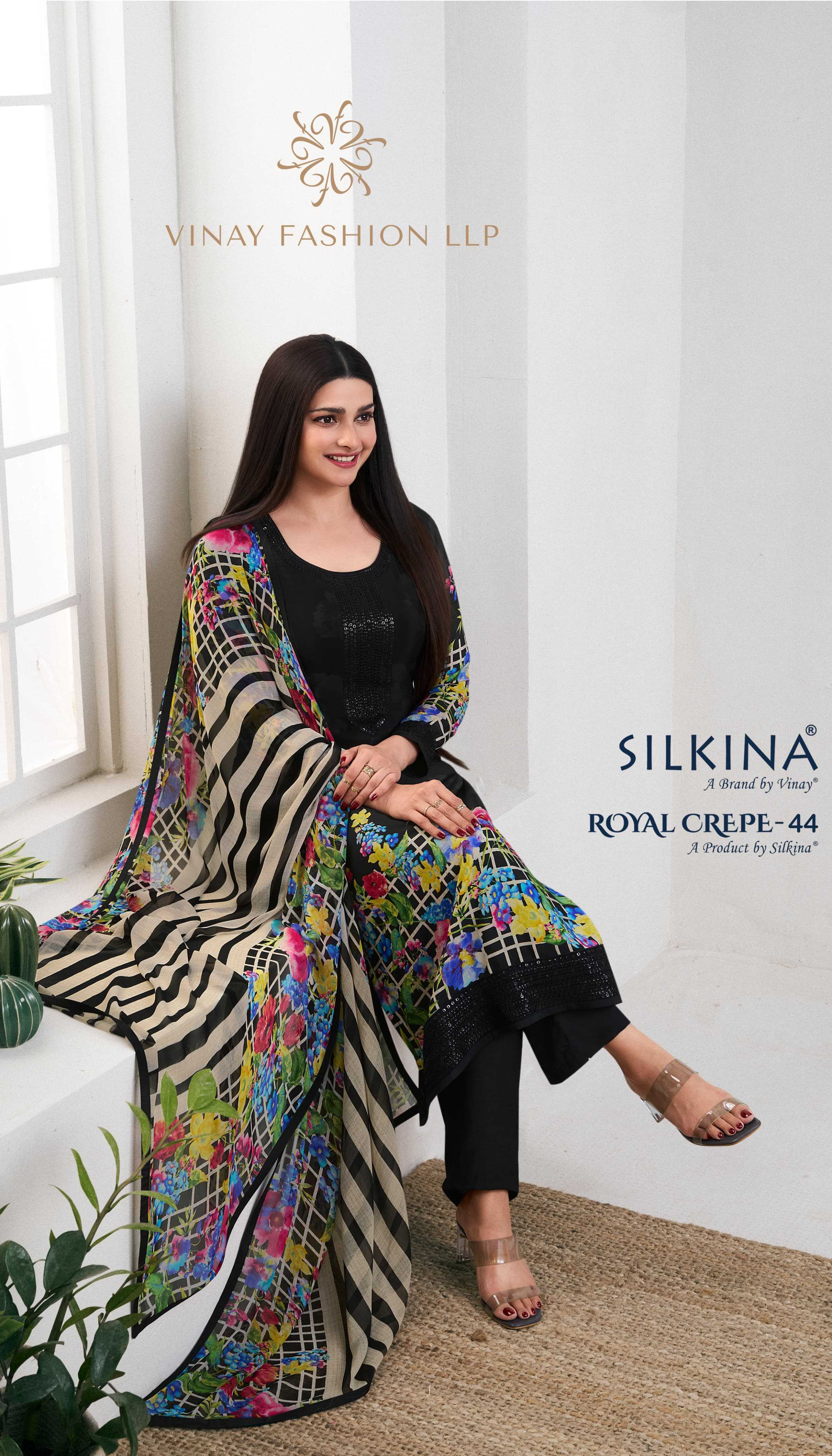 vinay silkina royal crepe vol 44 beautiful digital print with embroidery dress material