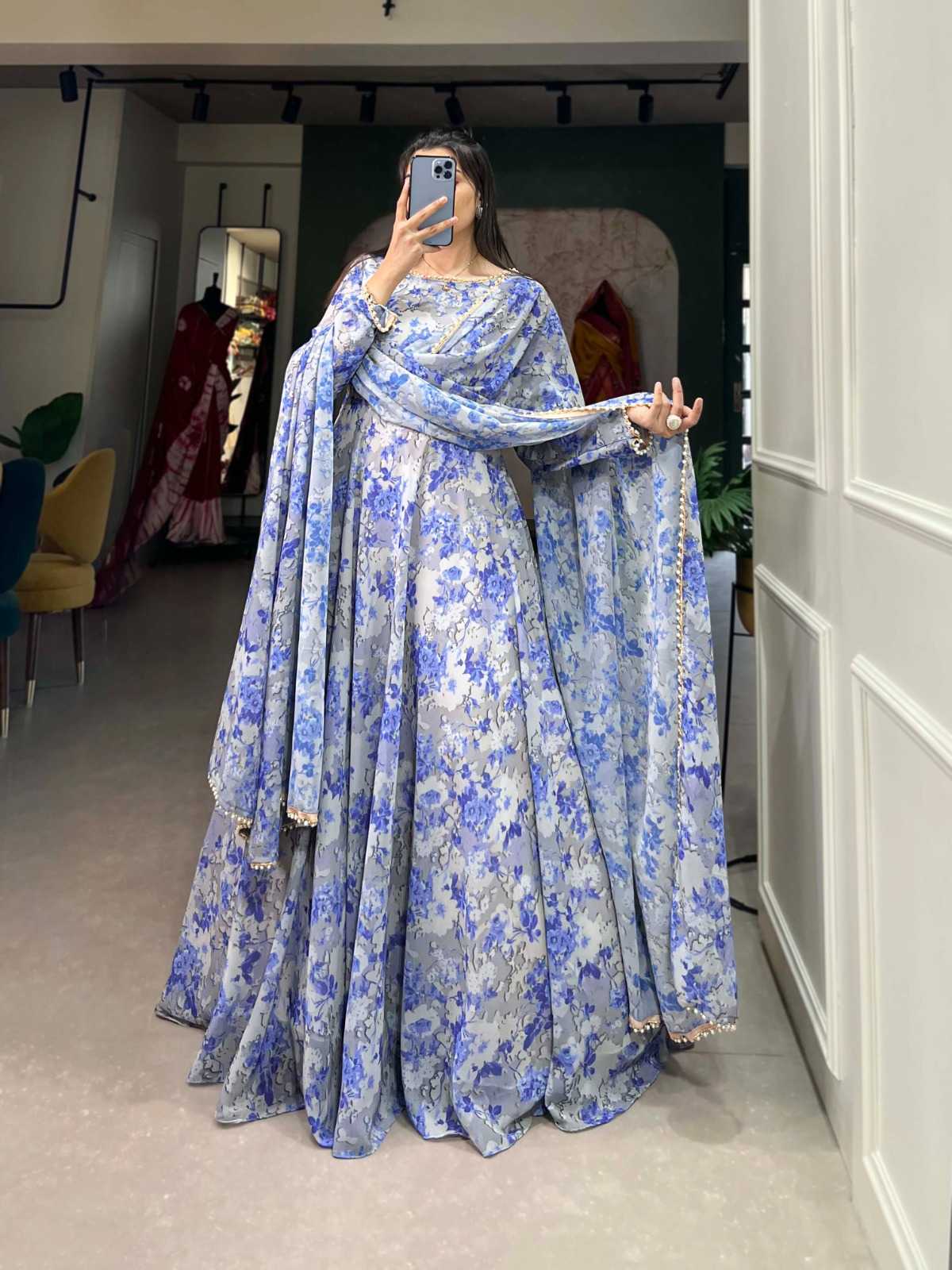 pr ynf5008 occasion wear floral print readymade long gown with dupatta 