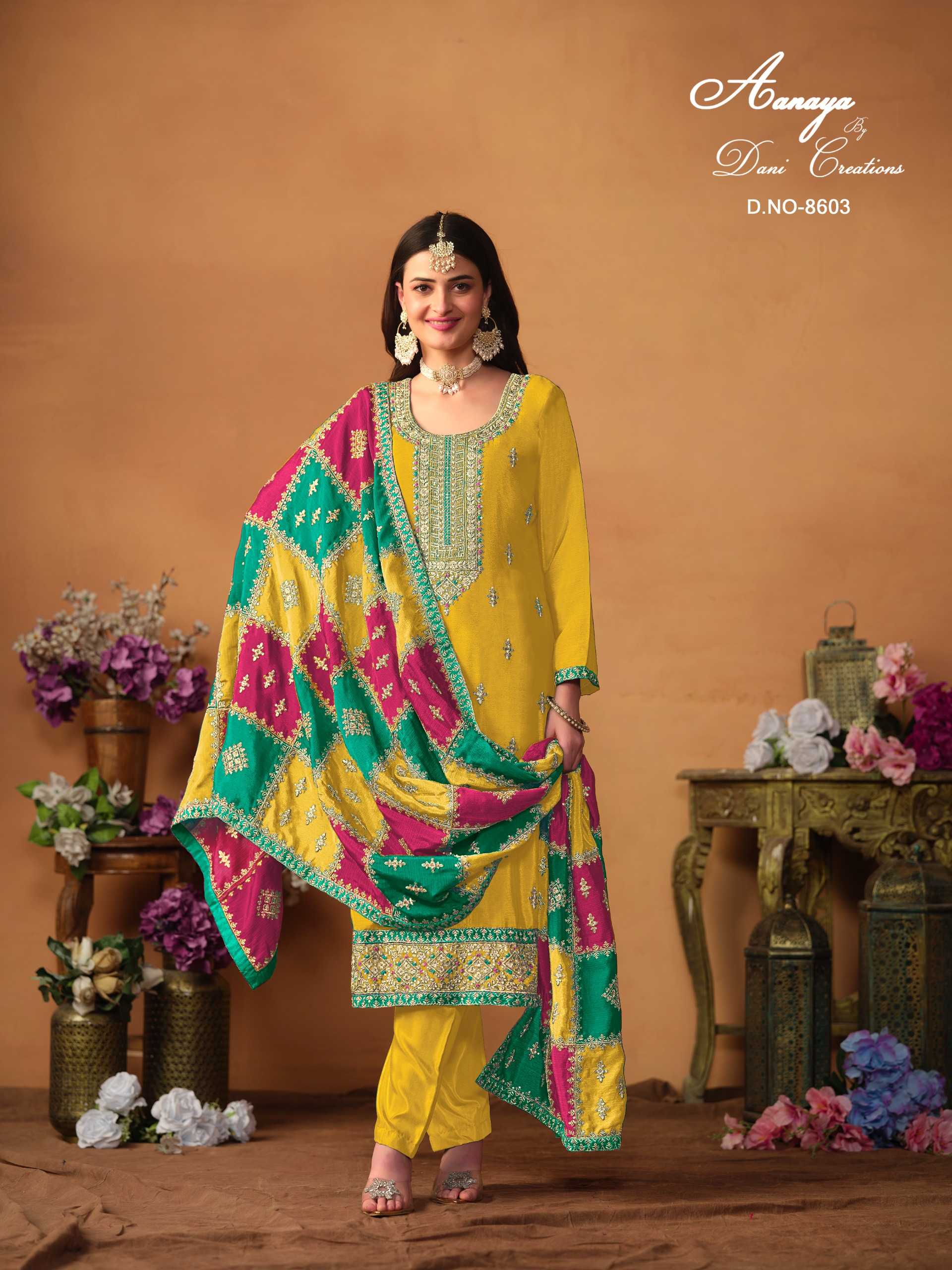 aanaya vol 186 by dani creation chinon silk exclusive party wear suits