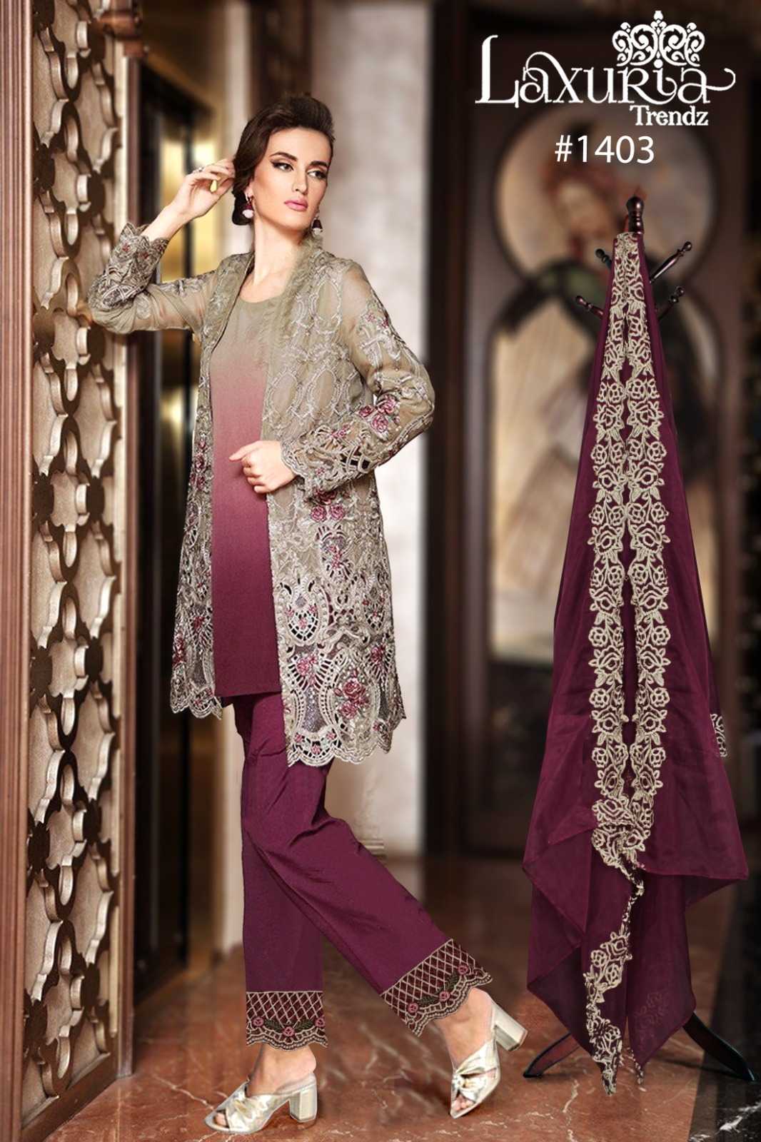 laxuria trendz 1403 stylish classic tunic georgette with embroidery work full stitch indo western dress