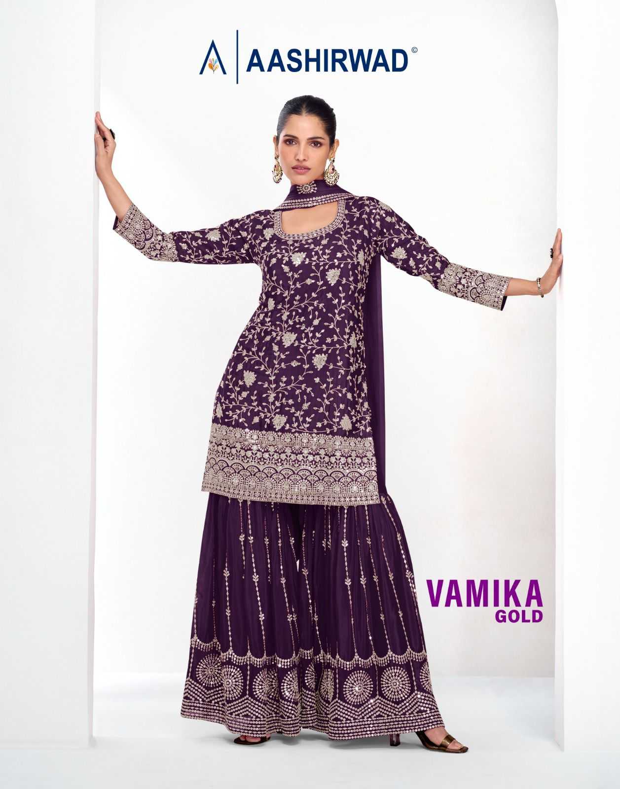 vamika gold by aashirwad creation chinon fully stitch classic plazzo style 3pcs dress