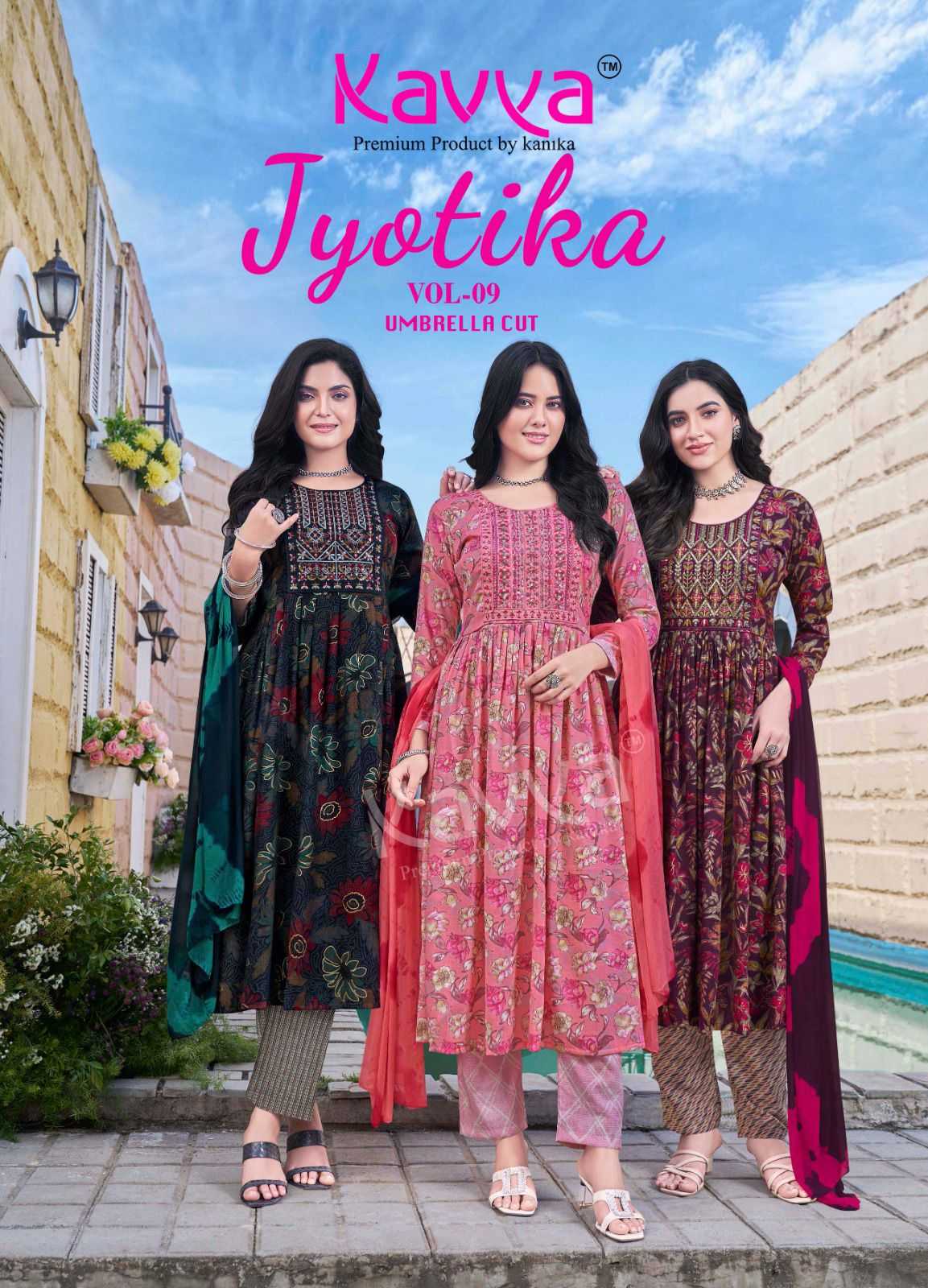 kavya jyotika vol 9 fully stitch umbrella cut capsule print stylish 3pcs dress