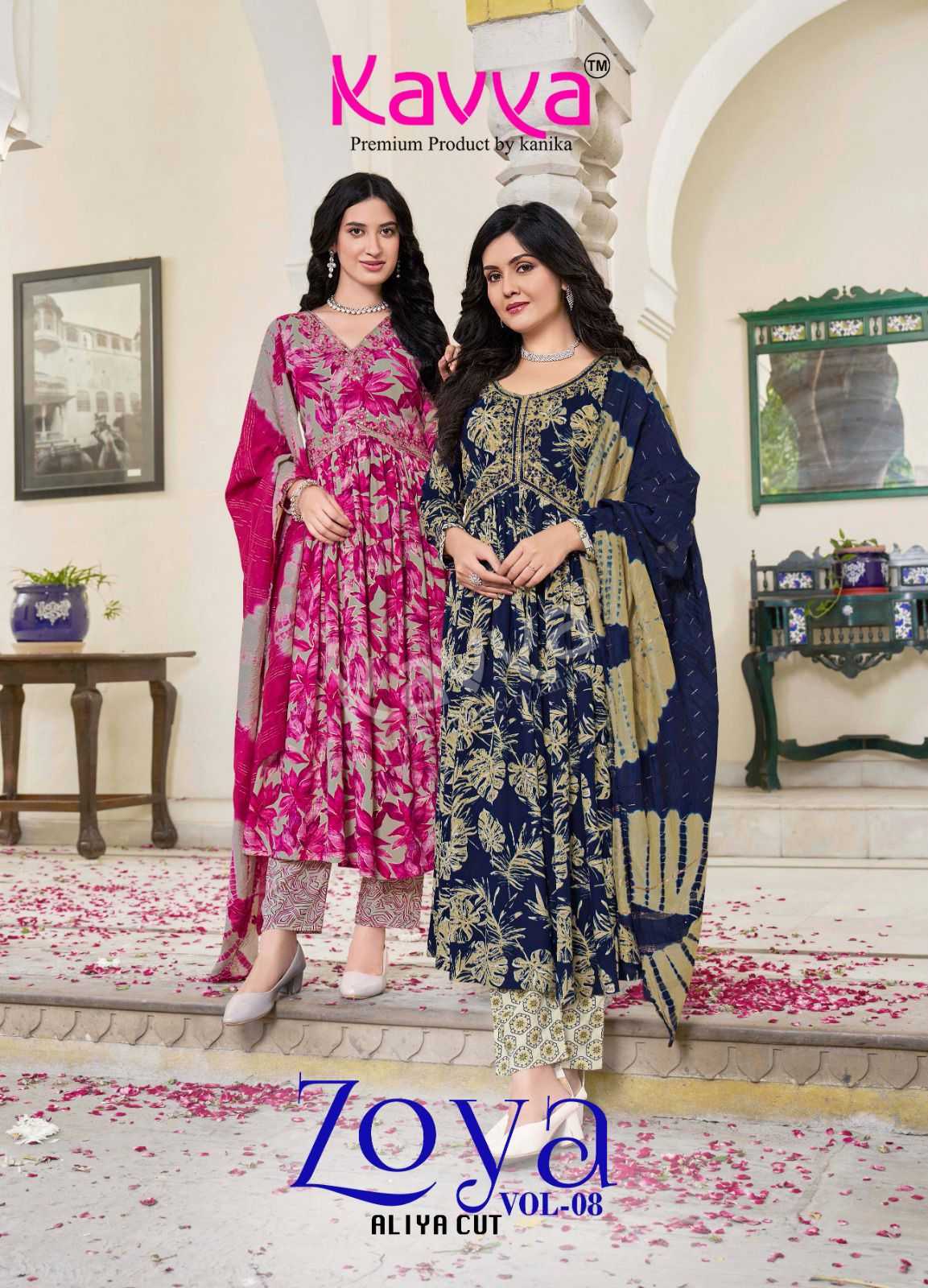 kavya zoya vol 8 readymade aliya cut rayon print stylish 3pcs suit 