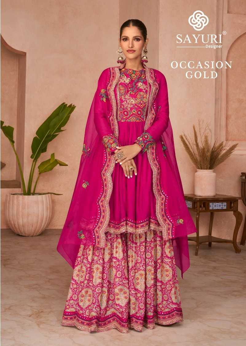 sayuri designer occasion gold premium quality full stitch silk gharara style dress