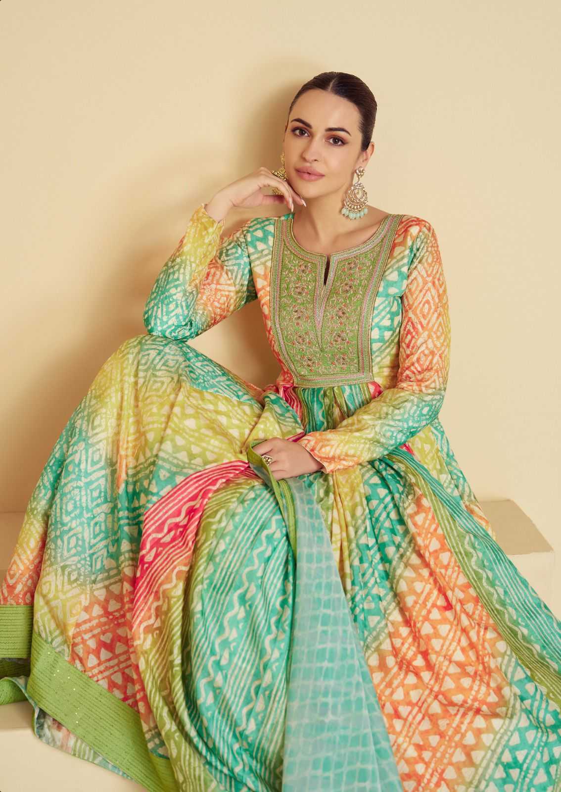 vaari by gulkayra designer fully stitch stylish muslin print gown with dupatta 