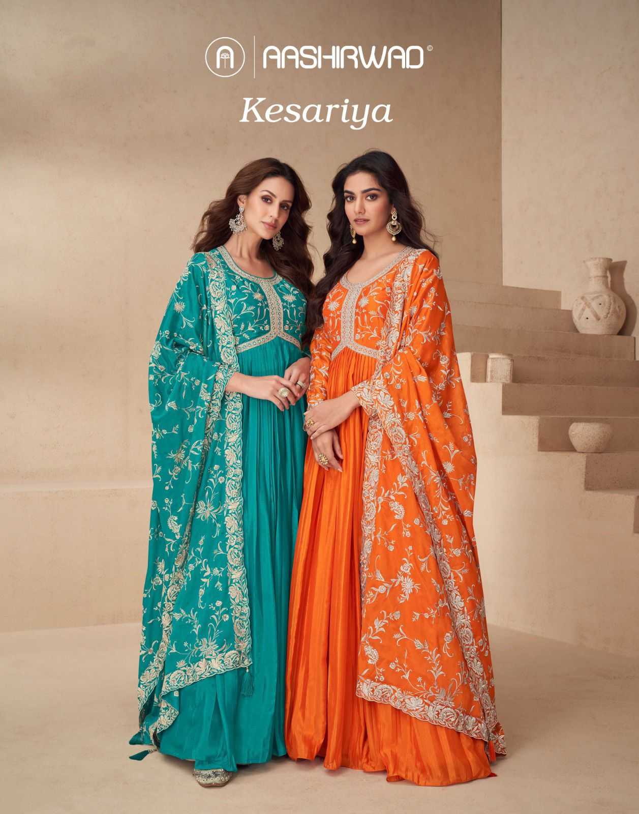 kesariya by aashirwad creation readymade chinon silk designer gown set 