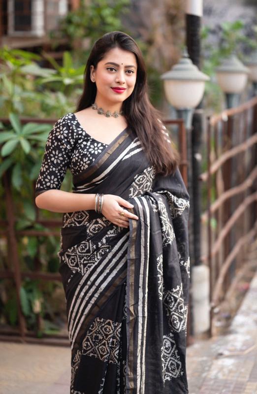 pr kc black batik cotton unique printed saree for women