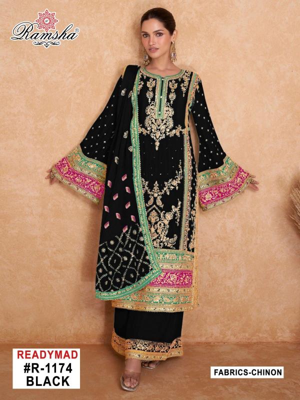 r 1174 nx black by ramsha pakistani embroidery readymade chinon 3pcs dress