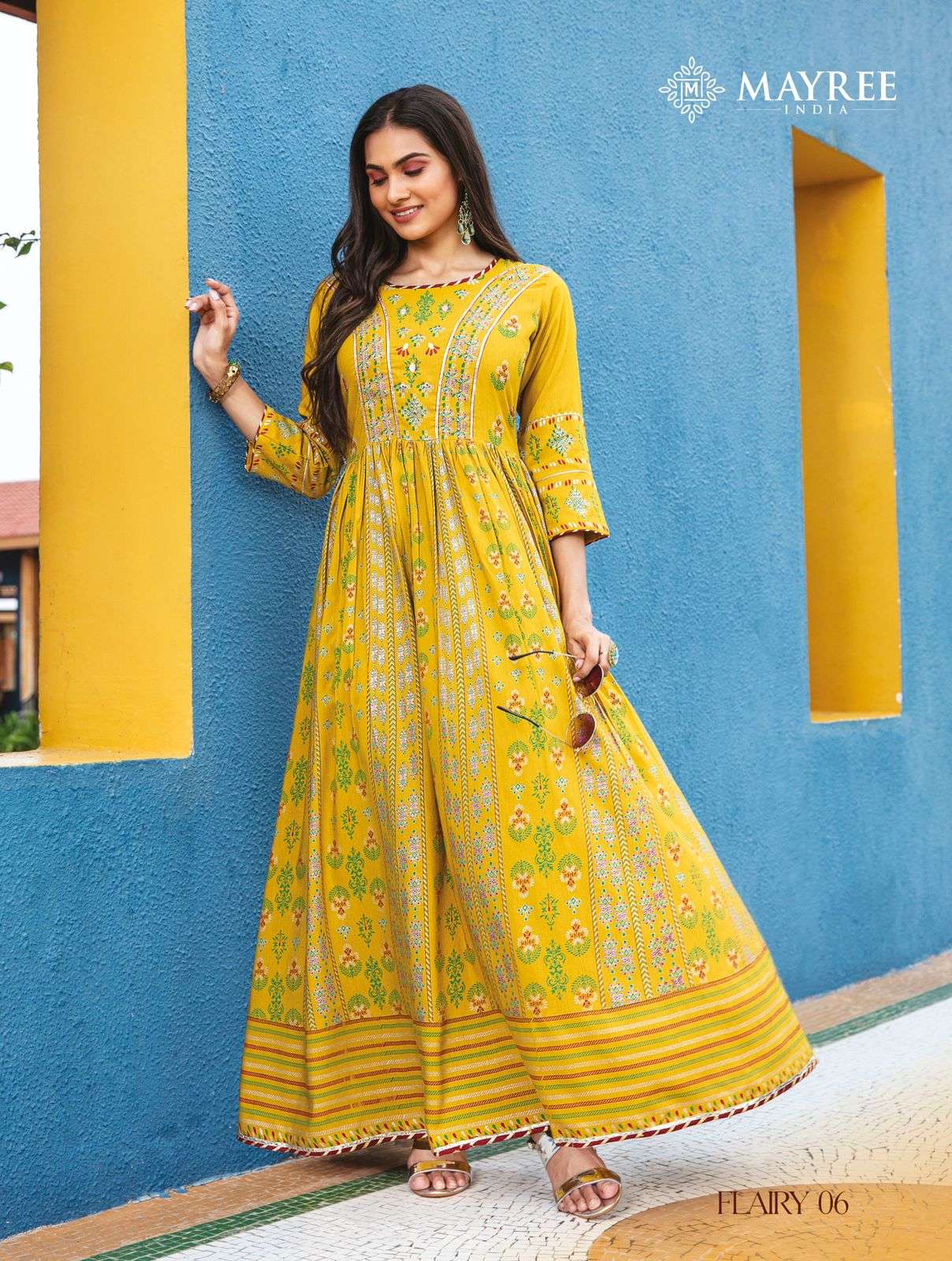 mayree india flairy silk gold printed long gown supplier